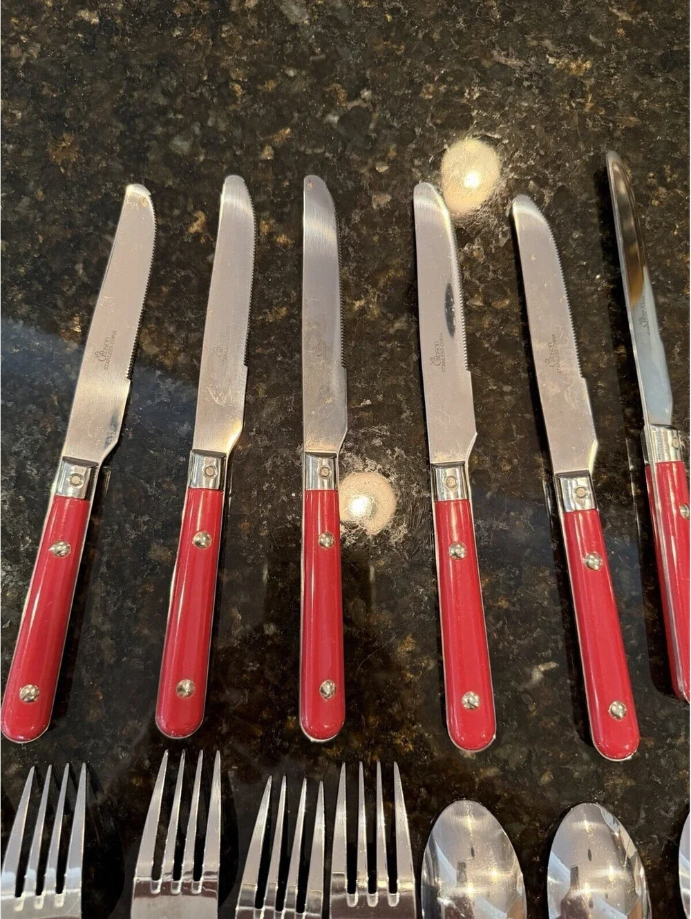 Vintage 80s Gibson Flatware French Country Style Red Handle 17 Pieces EUC